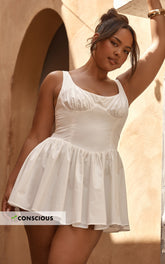 Helga Mini Dress - Low Scoop Neck Fit and Flare Dress in Ivory